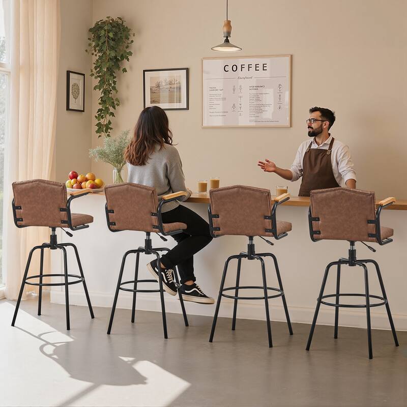 VECELO Set of 2/4 Brown PU Leather Swivel Bar Stools Comfortable Swivel Bar Stools with Footrest Fixed Height Tufted Bar Stools