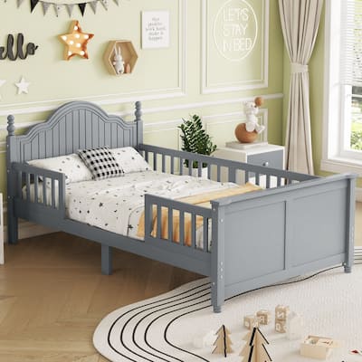 Kids Wooden Platform Bed with Headboard and Footboard, Low Profile Bed Frame with Removable Guardrail Design
