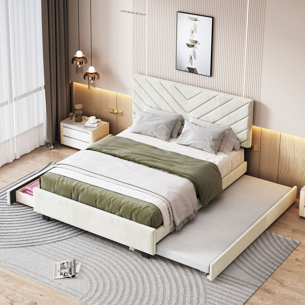Queen Size Upholstered Platform Bed with Twill Headboard, Pullout Bed and Two Drawers