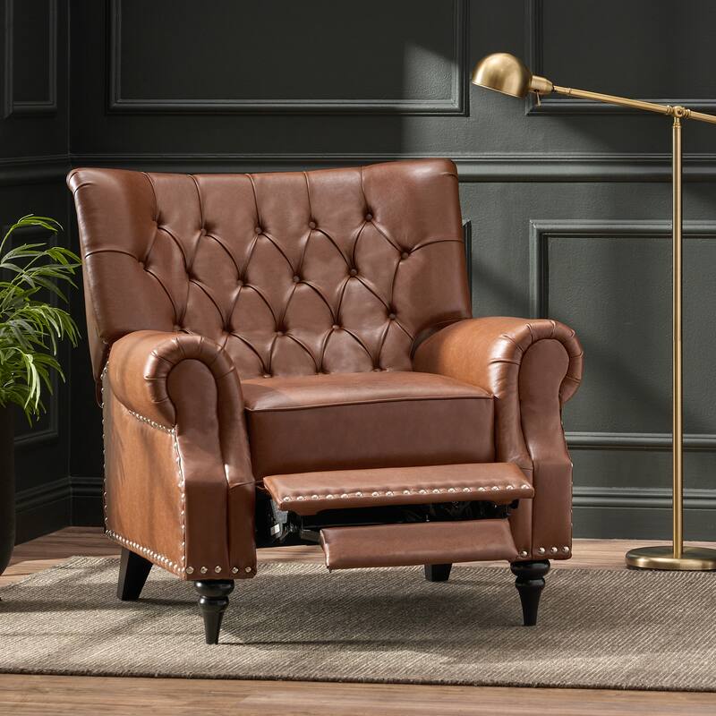 Classic Curled Arm Single Sofa Chair, Tufted Wide Back Recliner with Retractable Footrest Accent Chair with Rivet Trim&Wood Legs