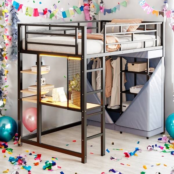 slide 2 of 40, Twin Size Sturdy Metal Loft Bed Frame with Desk,Wardrobe Black