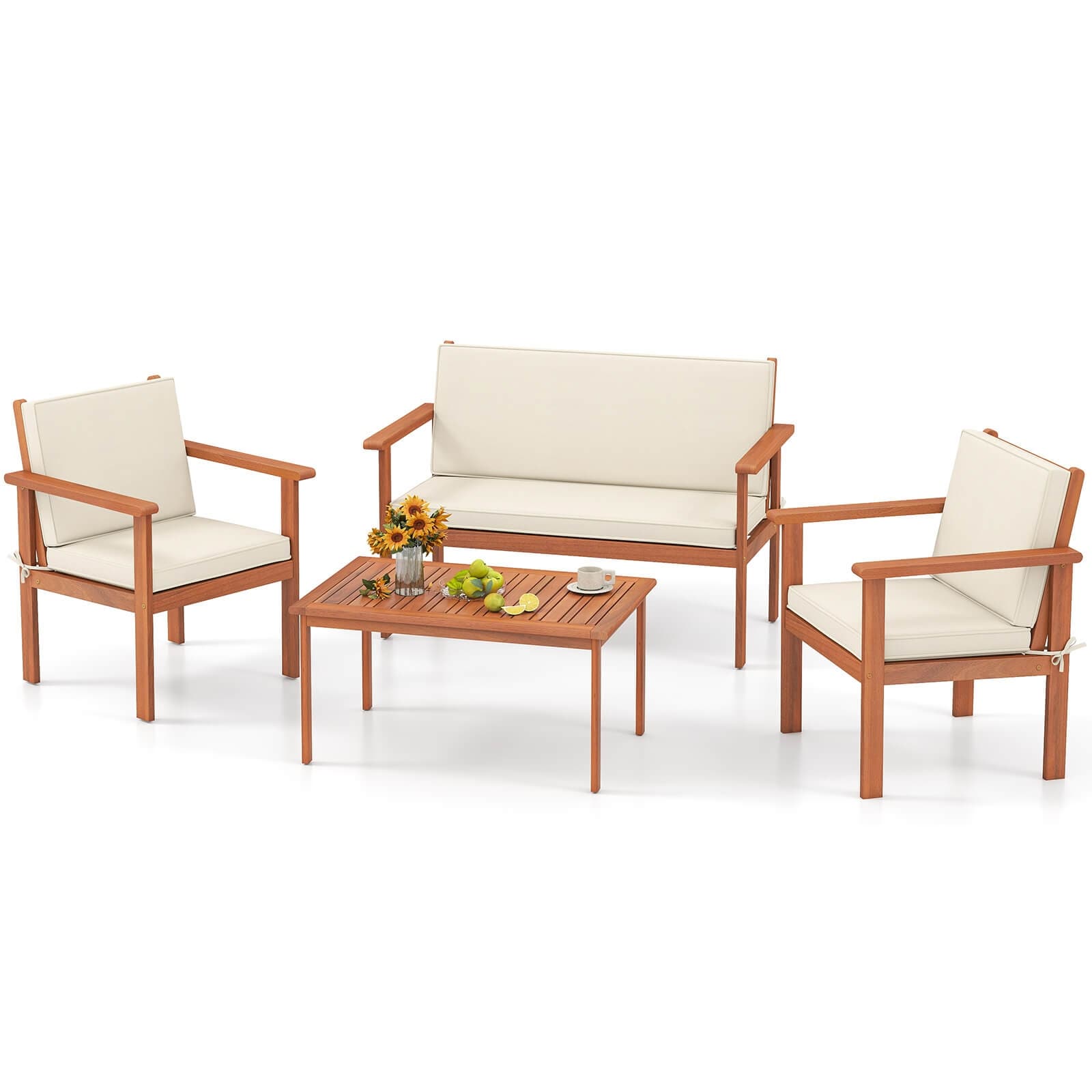 Costway 4/8 PCS Acacia Wood Conversation Set with Seat & Back Cushions
