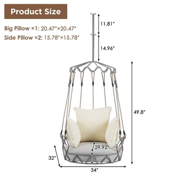 dimension image slide 0 of 2, Outdoor Porch Swing Chair Hanging Basket, Patio Hanging Chair with Thickened Cushion for Garden Porch