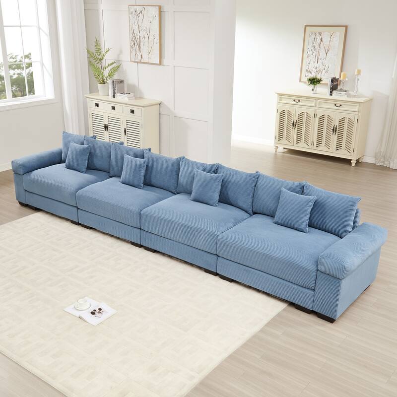 170" Oversized Corduroy Cloud 4-Seat Modular Sectional Couch with 12 Throw Pillows - Blue