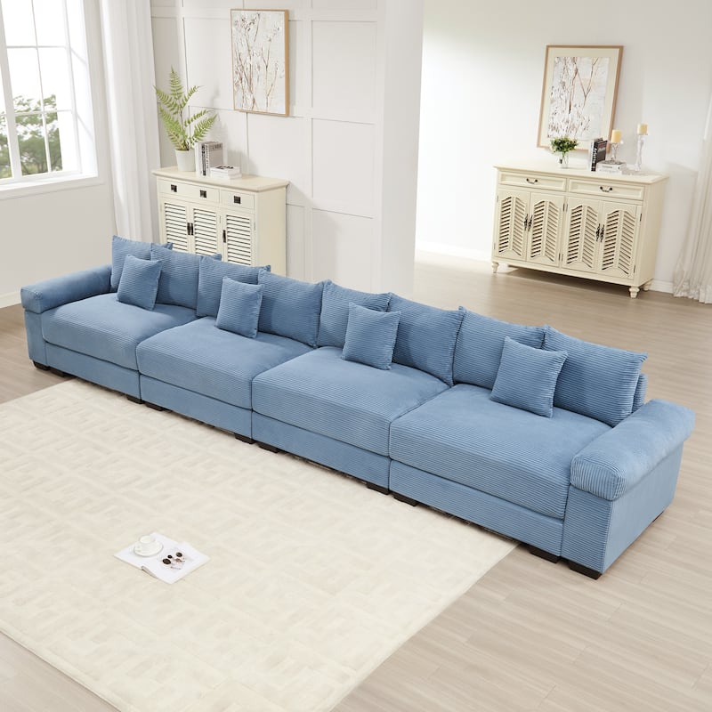 GDFStudio - Corduroy 4-Seater 170" Cloud Sofa Couch with Extra-Thick Armrests - Blue