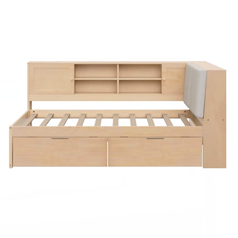 Wooden Twin Size L-shaped Daybed Corner Bed Under-bed Drawers with Storage Bookcase and Upholstered Headboard