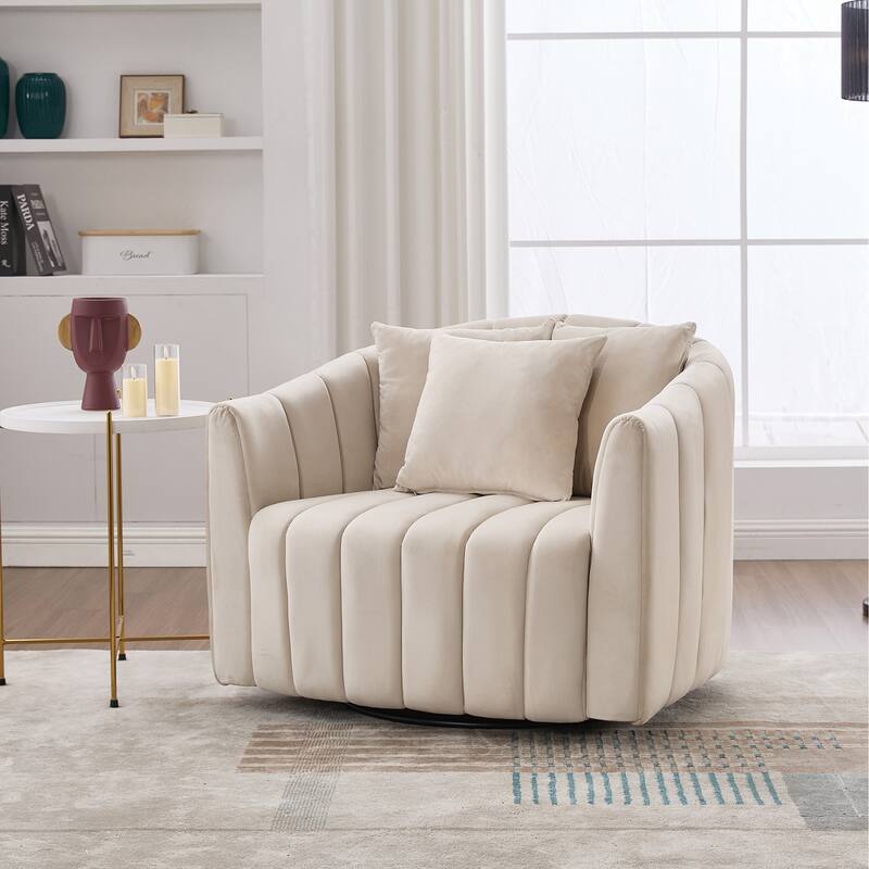 Upholstered Oversized 360° Swivel Accent Barrel Chair and Half Cozy Sofa with Pillows, Channel Pumpkin-Shape Club Armchair