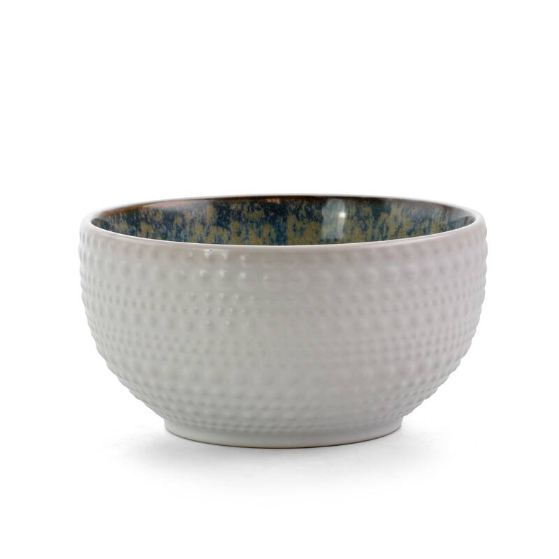 16 Piece Spot Textured Stoneware Dinnerware Set in White with Beige and Blue Interior
