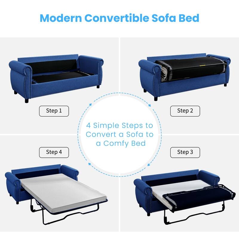 Mixoy Full/Queen Size Pull Out 2 in 1 Sleeper Sofa Bed with Mattress,Convertible Upholstered Loveseat with Nailhead