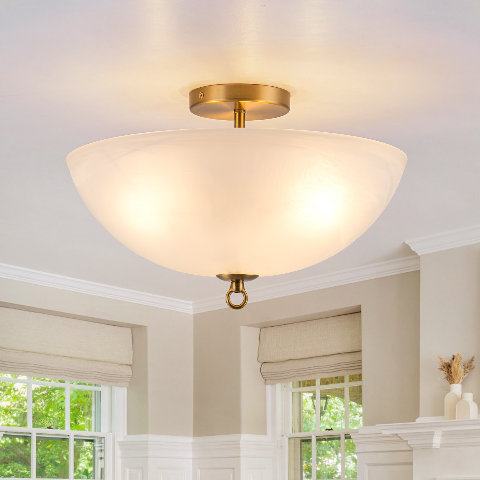 Modern Glam 3-Light Cloud Glass Dome Semi Flush Mount - Brass - 15.8" W × 9.5" H