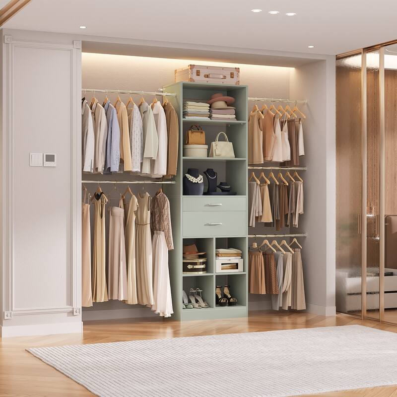 66''-100'' Walk-in Closet Organizer with 5 Hanging Rods and 2 Wooden Drawers，4-8FT Sturdy Closet System with Storage Shelves - Cyan