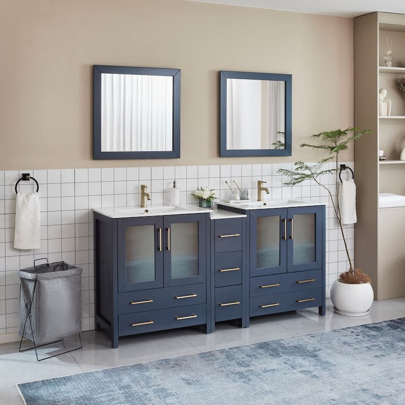 Vanity Art 72" Double Sink Bathroom Vanity Set 7 Dove-Tailed Drawers, 2 Cabinets, 2 Shelves, Soft-Closing Doors with Free Mirror