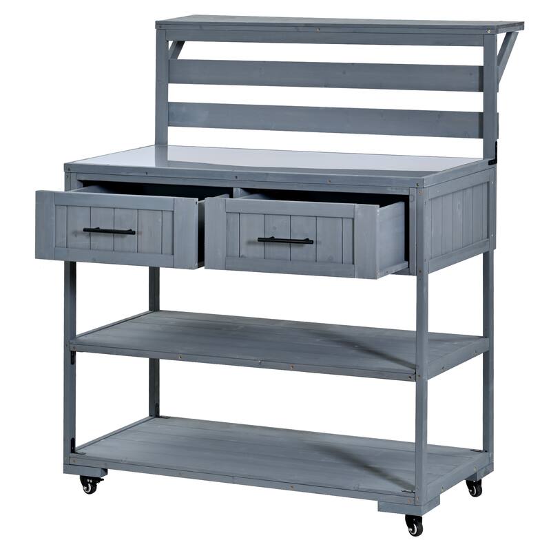 Solid Wood 62.3'' Patio Kitchen Island Kitchen Cart with Stainless Table Top, Garden Potting Bench with Raised Shelf and Drawers