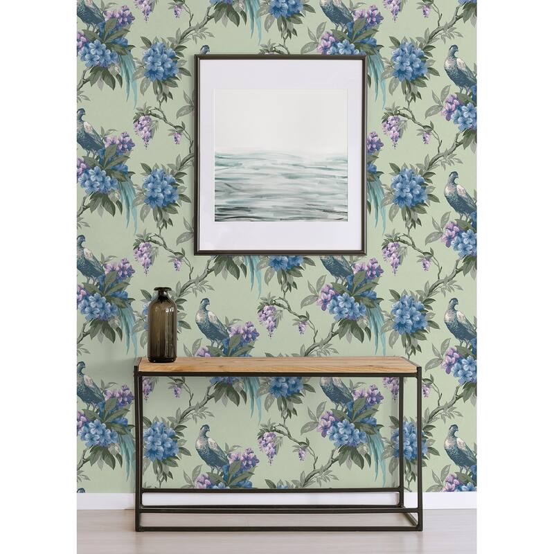 Brewster Golden Pheasant Sage Floral Wallpaper