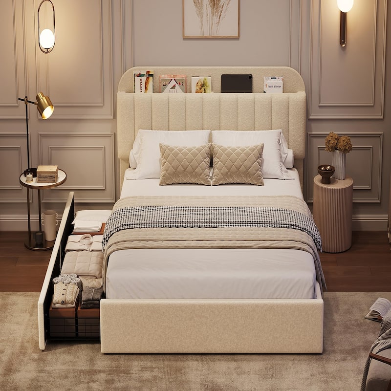 Twin/Full Bed Frame with 2 Flexible Drawers and Bookcase Headboard, Boucle Upholstered Platform Bed for Boys/Girls