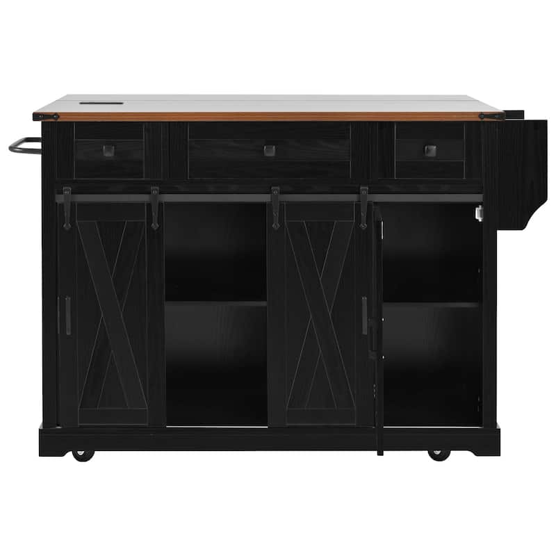 58" Farmhouse Kitchen Island with Sliding Barn Door, Drop Leaf & Storage, Mobile on 5 Wheels