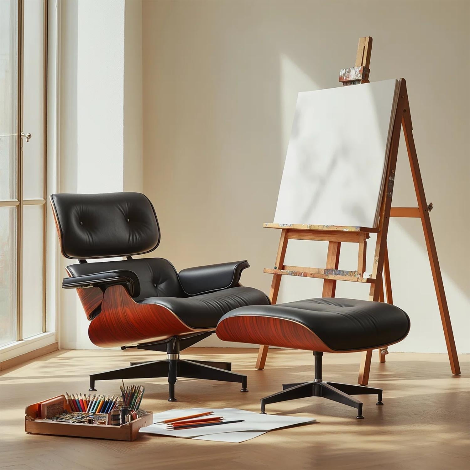 Mid-century Top Grain Genuine Leather Accent Chaise Lounge Chair and Ottoman