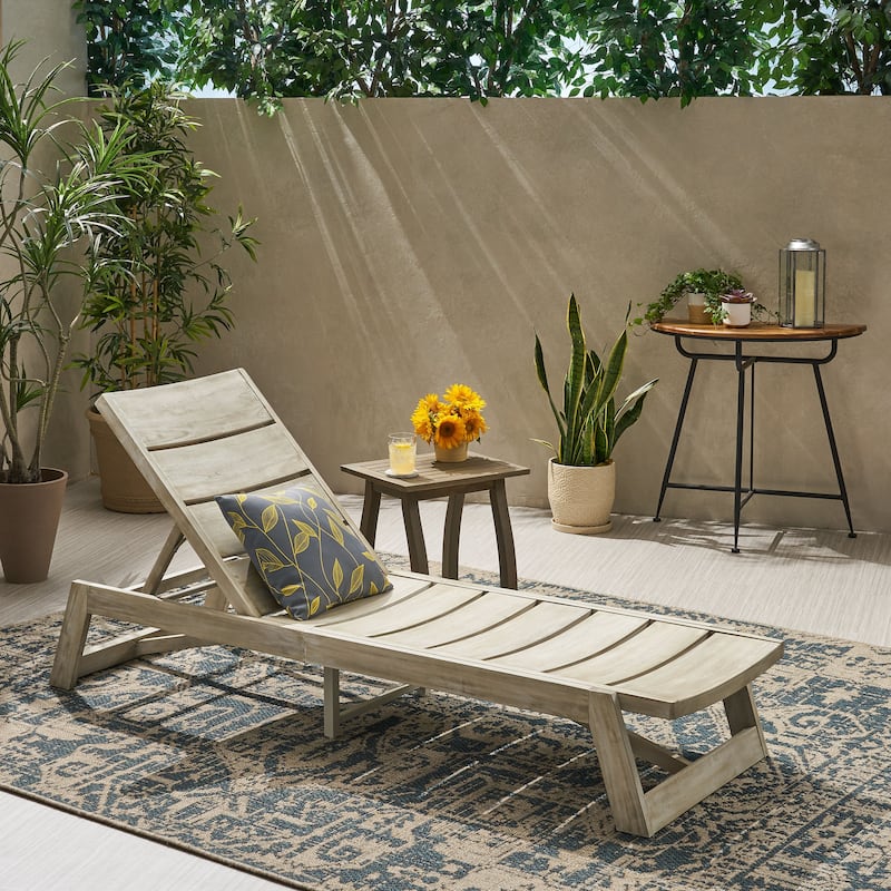 Mahalo Outdoor 2 Piece Acacia Wood Chaise Lounge Set with Side Table by Christopher Knight Home - Light Gray Wash+Gray Metal