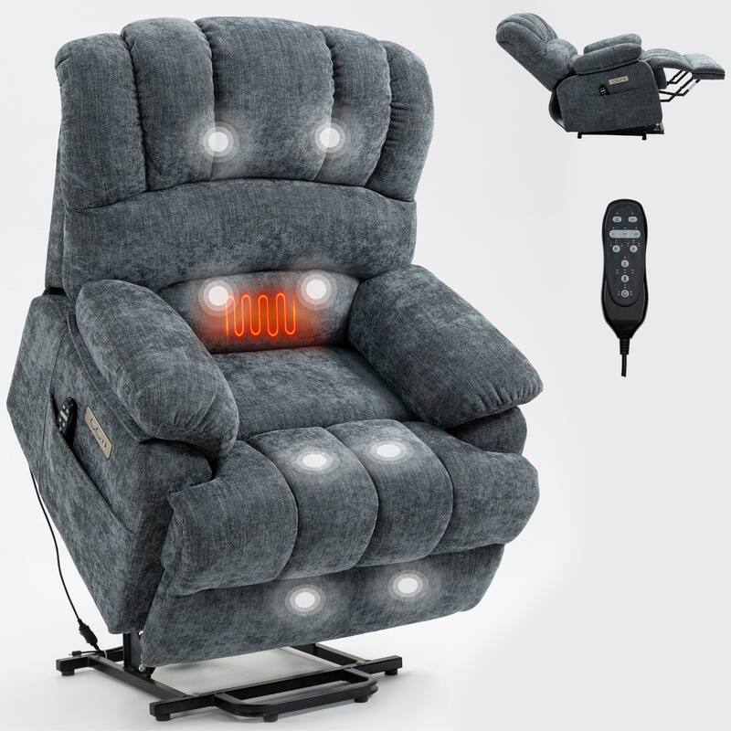 Roomfitters Oversized Power Lift Recliner Chair, Electric Massage Sofa with Heat, Large Chenille Stand Up Armchair, Blue Grey