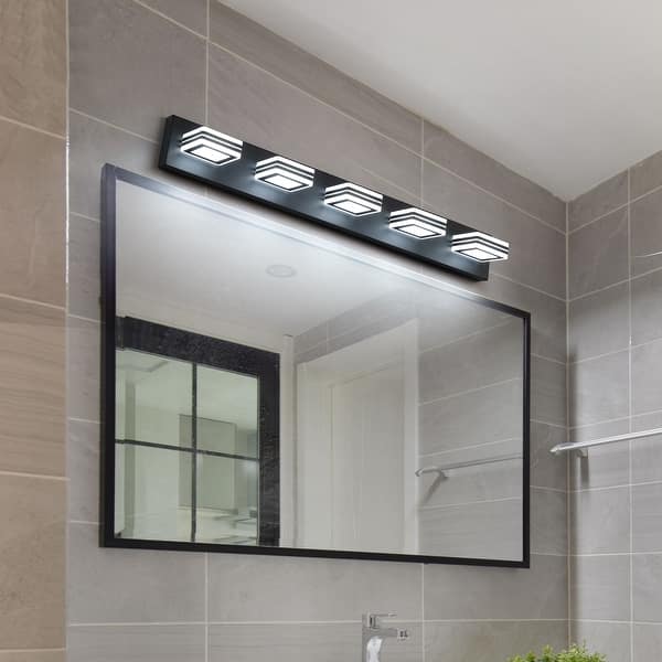 slide 2 of 9, LED Modern 5-Light Matte Black Bathroom Vanity Light - Acrylic Over-Mirror Lighting Black