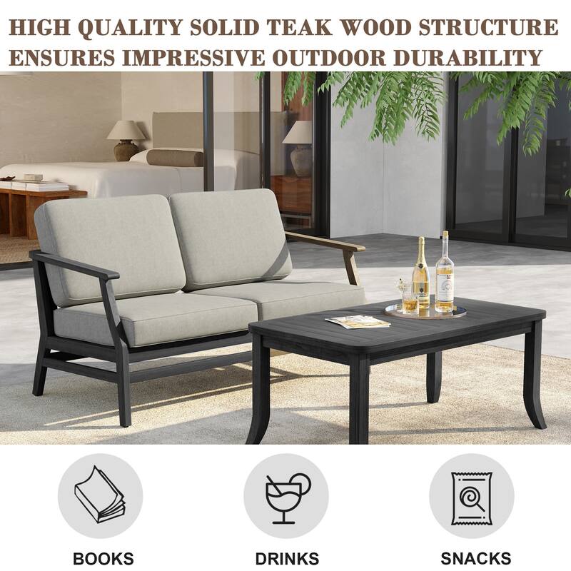 Outdoor Loveseat Sofa with Coffee Table Teak Wood Patio Furniture