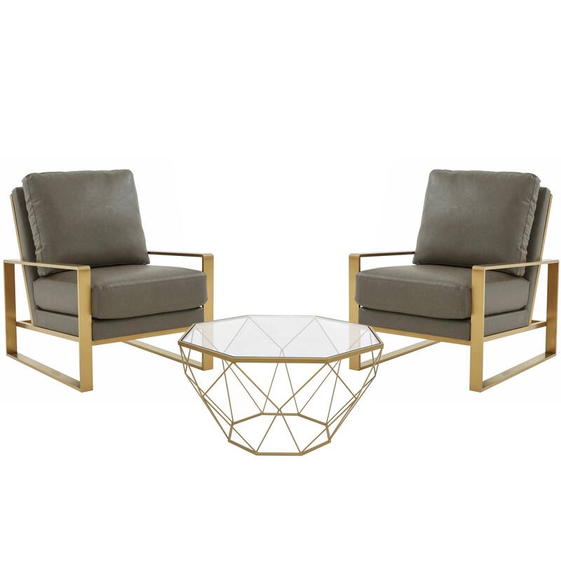LeisureMod Jefferson 3-Piece Leather Armchairs and Geometric Coffee Table Set - 36" - Grey