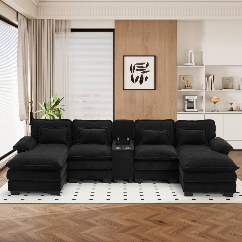 U-shaped Sectional Sofa Chenille Fabric Doudle Layer Cushion with USB Central Console