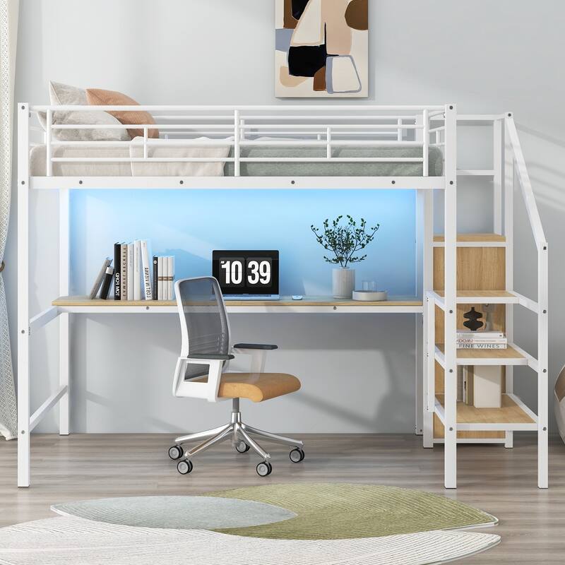 Versatile Metal Loft Bed with Integrated Desk and Storage Options - White