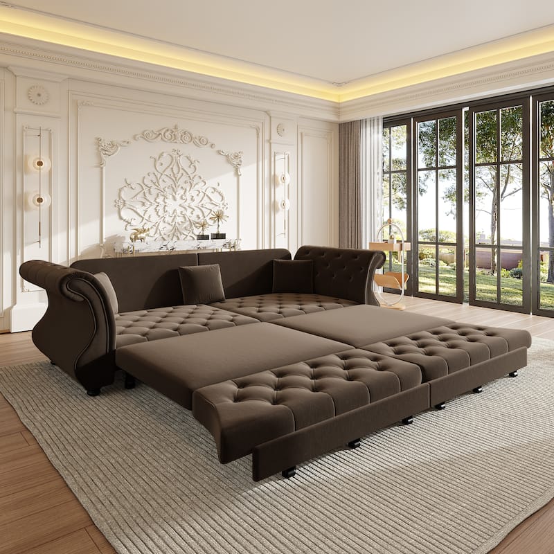 97.6" Oversized Chesterfield Pull-Out Sofa Bed, Velvet Upholstered Sleeper Couch with Roll Arms & Tufting