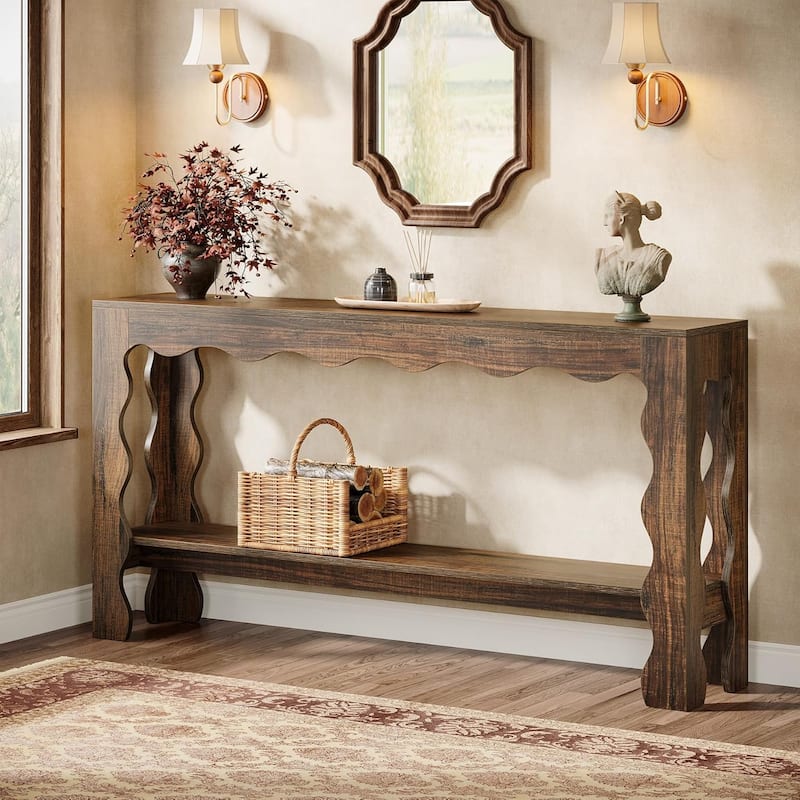 63 Inches Long Farmhouse Sofa Console Table with Scalloped Curves - 63"L*11.81"W*33.46"H - Rustic Brown