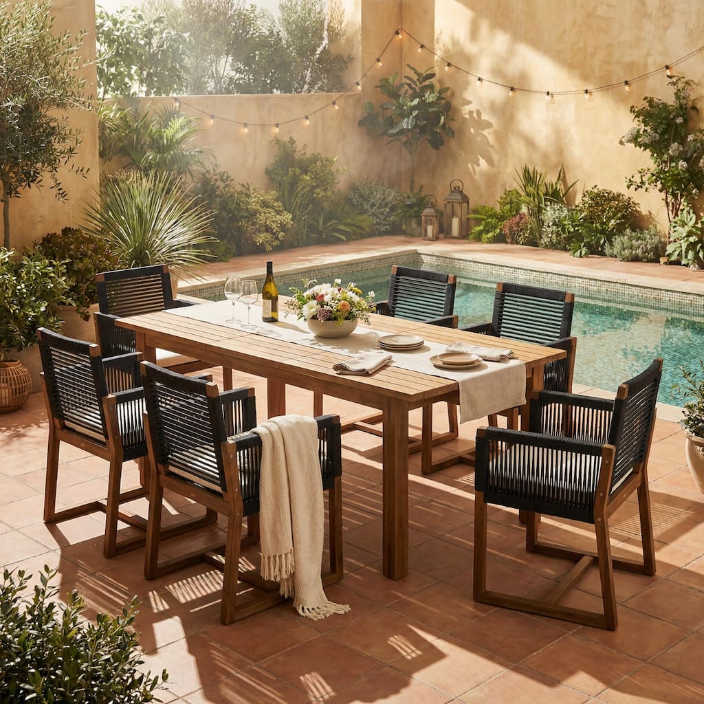 Christopher Knight Home - 7-Piece Acacia Outdoor Dining Table Set with Modern Handwoven Rope Chairs & Expandable Table