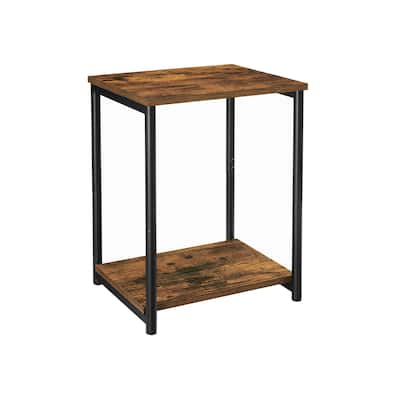 Rustic Brown Black Industrial Side Tables Set of 2 with Storage Shelves Steel Frame and Adjustable Feet
