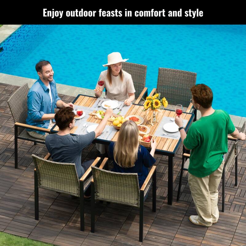 All Weather 7-Piece Patio Dining Table Sets, Patio Conversation Set Acacia Wood Table Top with Umbrella Hole