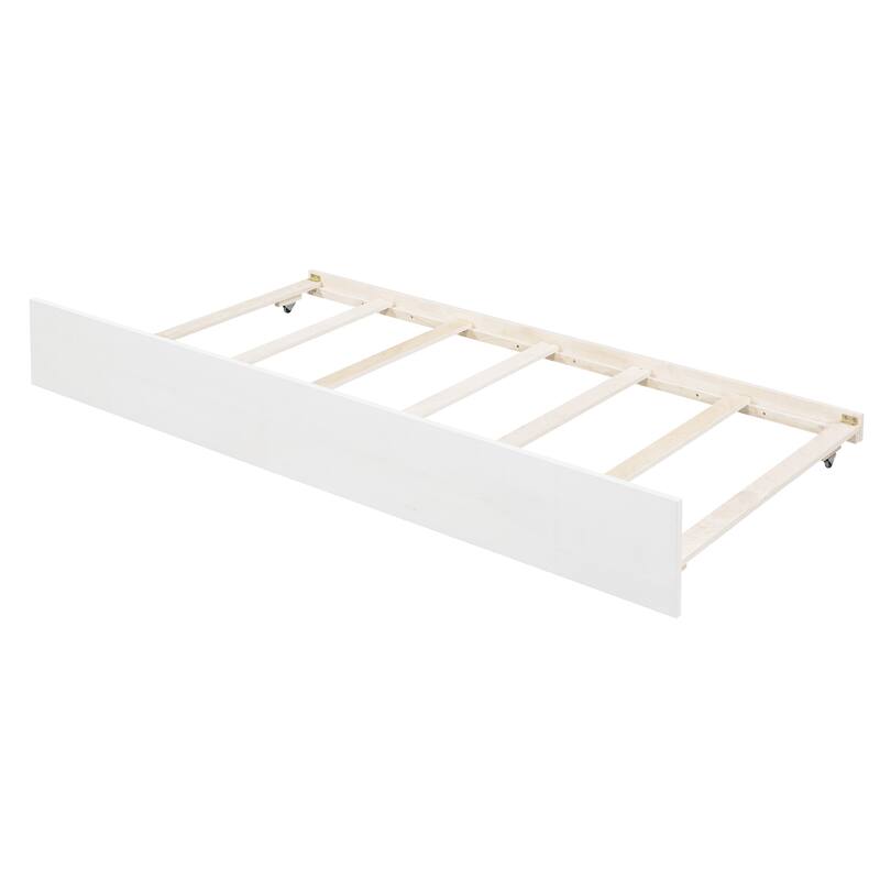 Brushed White Platform Bed Full Size Canopy Bed with Trundle, Four Poster Bed Trundle Bed with Headboard and Support Slats