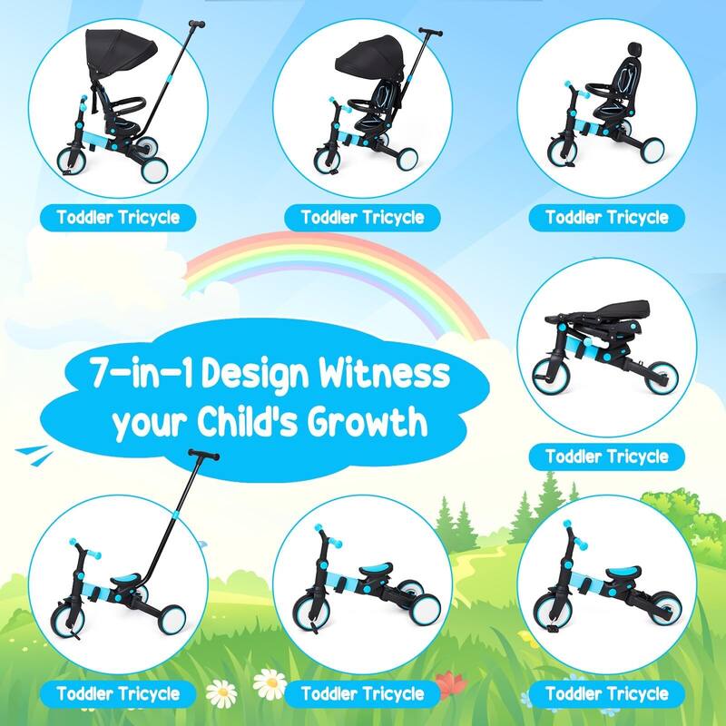 7 in 1 Baby Tricycle,Foldable Kids Tricycle with Adjustable Removable Canopy