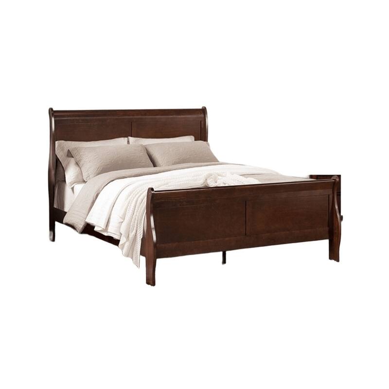 Queen Size Sleigh Bed in Dark Cherry, Transitional Style, Wood Veneer Finish