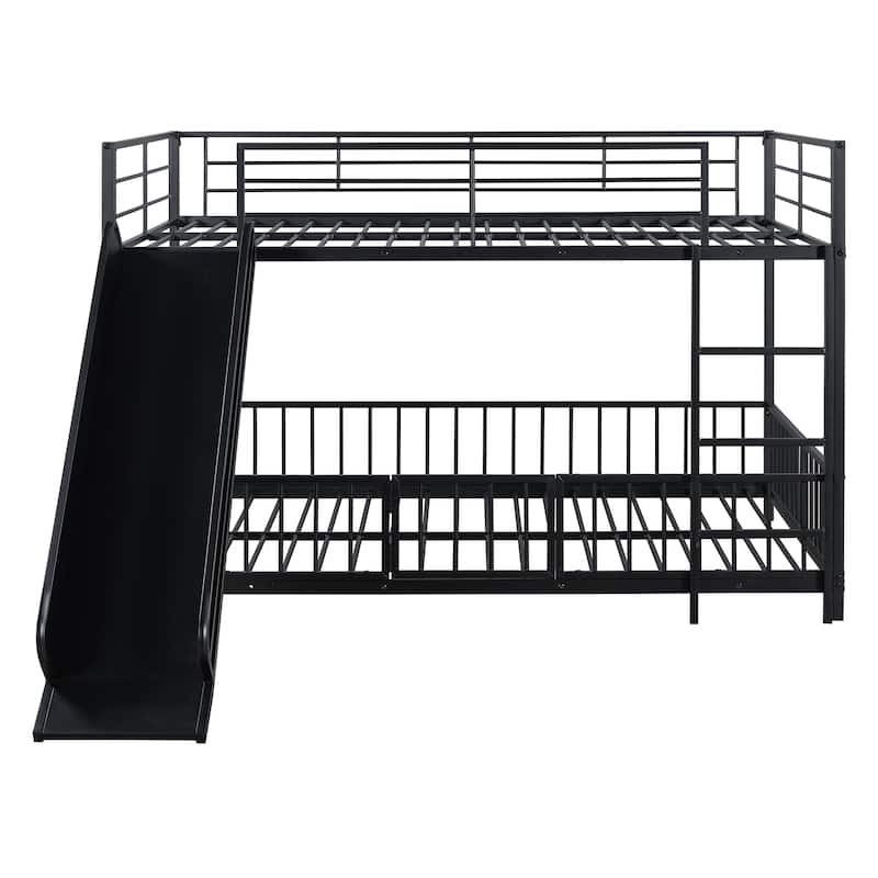 Black Full over Full Size Metal Bunk Bed with Slide and Guardrails for Kids