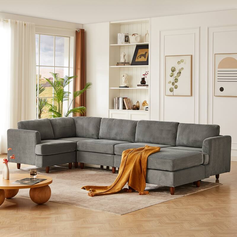 95.6" Modular L Shaped Sectional Sofa, Modern Corduroy Upholstered Convertible Sofa Sleeper Couch with Solid Wood Legs