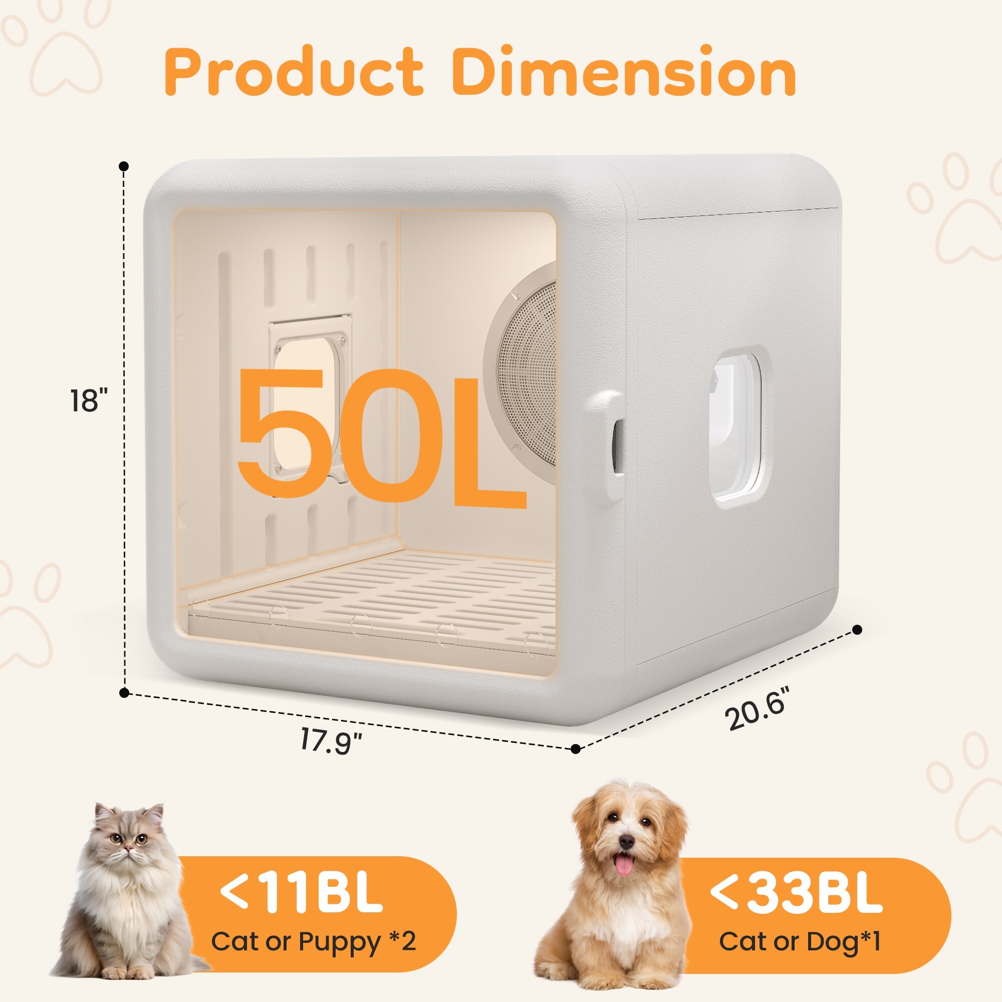 Smart Pet Dryer Box for Cats & Small Dogs - 65L Quiet Dryer with