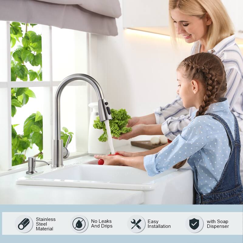 WOWOW 3-Function Pull down Sprayer Kitchen Faucet with Deckplate