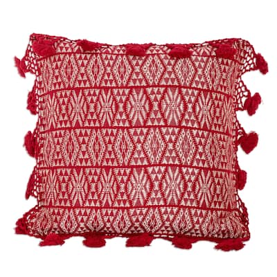 Novica Handmade Traditional Motifs In Red Cotton Cushion Cover