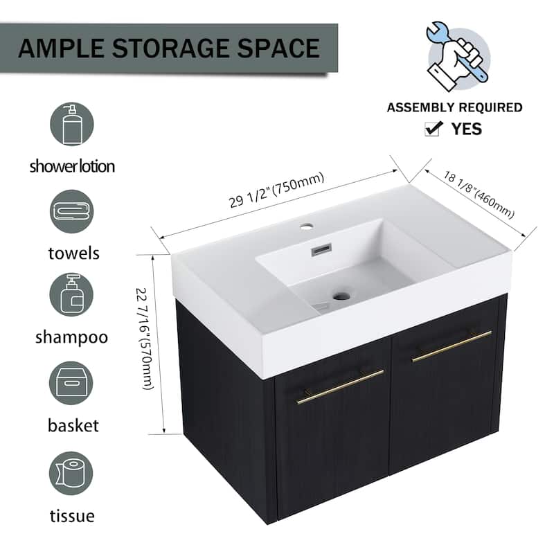 Bathroom Vanity With Sink In 24/30/36 Inch, Floating Bathroom Vanity with Soft Close Door