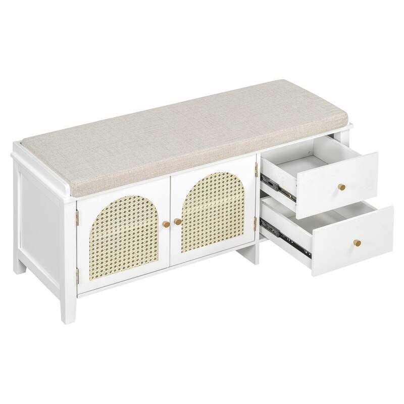 Wood Shoe Storage Bench with Cushion,2 Drawers and 2 Rattan Door
