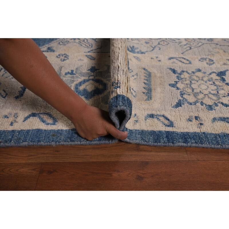 Blue Geometric Oushak Large Rug Hand-Knotted Wool Carpet - 9'10"x 13'10"