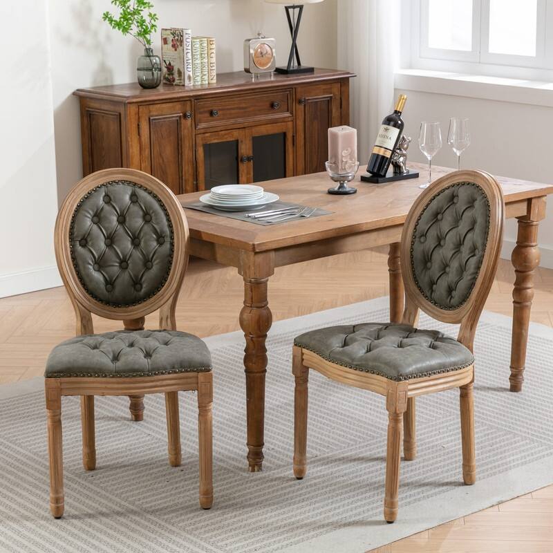 French Style PU Leather Upholstered Dining Chairs Set of 2 with Solid Wood Frame - Olive Green
