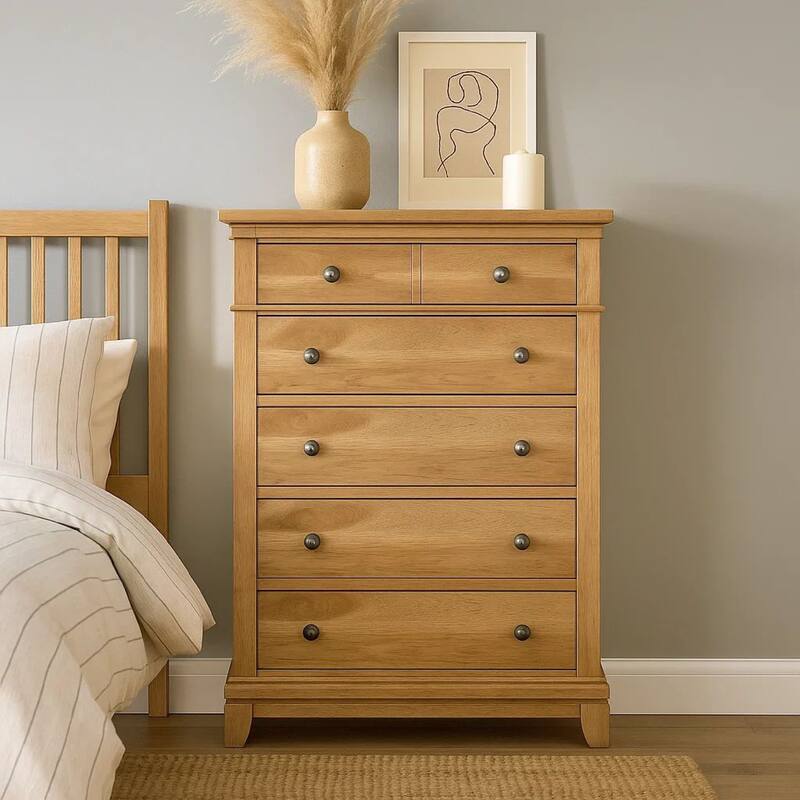 Lexa Tall Dresser Chest, 5 Drawers, Natural Oak Brown Wood, Pewter Metal