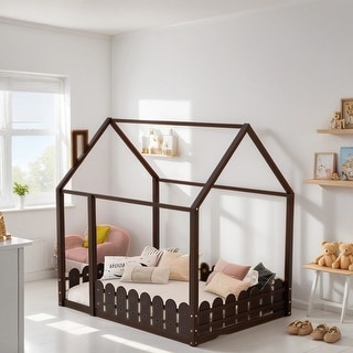 Playhouse Design Full Size Wood Bed Kids Bed House Bed Frame with Fence ...