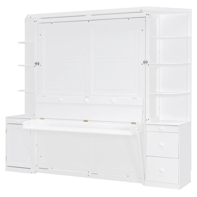 Space Saving Queen Murphy Bed with Integrated Desk, Storage Shelves Hidden Workstation