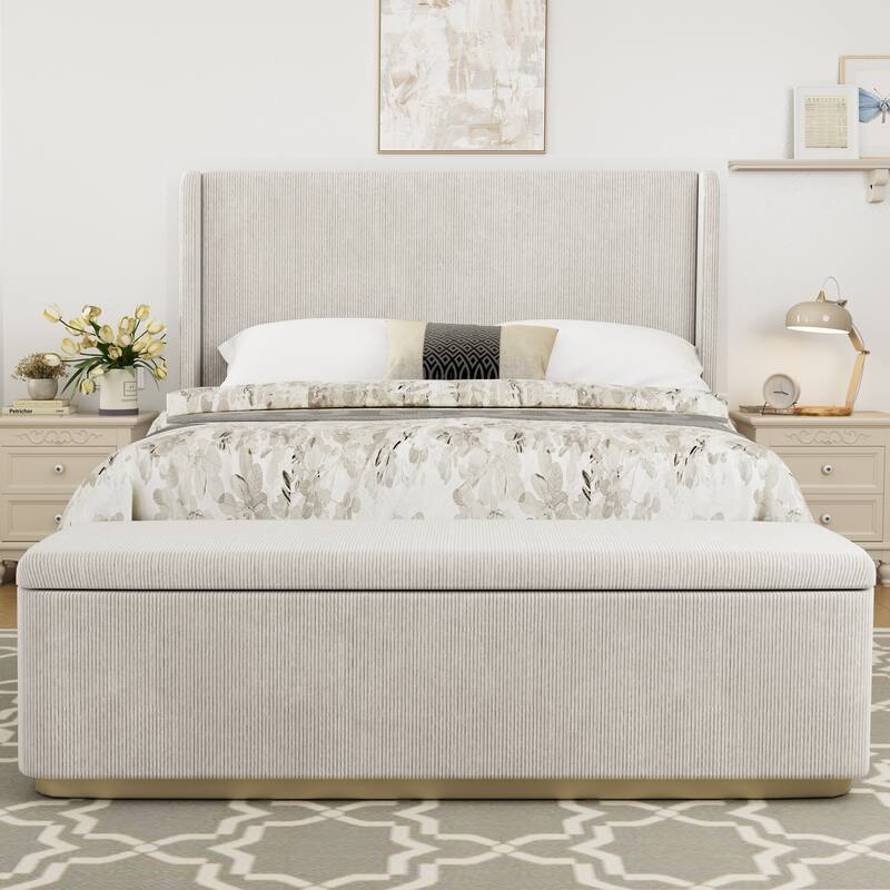 Vertical Stripe Wingback Bed Corduroy Upholstered Bed Frame with High Headboard, Low Profile Platform Bed Light Grey Frame Bed
