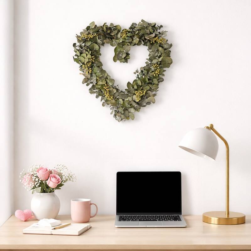 Preserved Real Eucalyptus Heart Wreath 14” Green Valentine’s Day Decorative Heart Wreath for Door, Wall, or Home Décor